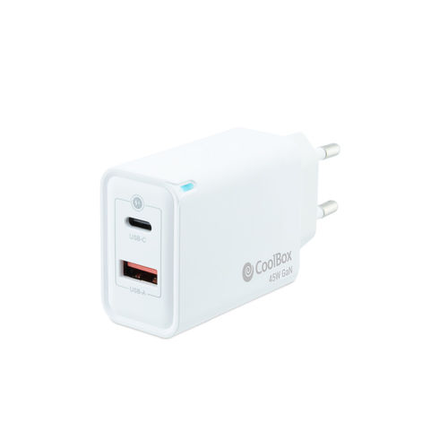 Coolbox Cargador de Pared GaN 45W USB-C (45W) + USB-A (18W) Carga Rápida Dual Coolbox Cargador de Pared GaN 45W USB-C (45W) + USB-A (18W) Carga Rápida Dual