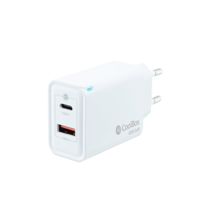 COOLBOX Cargador GaN 45W USB-C y USB-A Blanco COOLBOX Cargador GaN 45W USB-C y USB-A Blanco