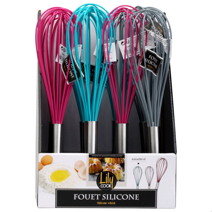 Lily Cook Batidor de Silicona para Cocina con Mango de Acero Inoxidable, No Raya Utensilios y Soporta Altas Temperaturas, 29 cm - Colores Surtidos