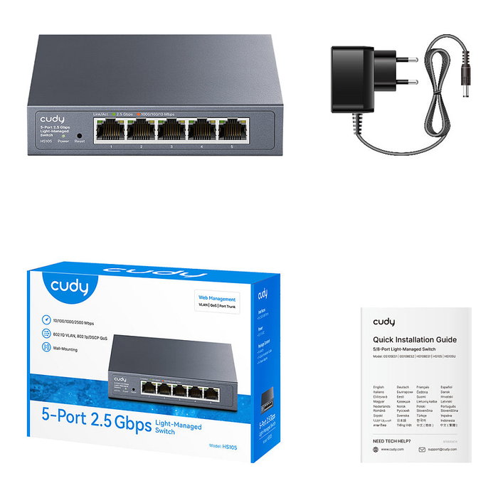 Cudy HS105 3.0 - Switch gestionado L2 de 5 puertos 2.5G Ethernet (100/1000/2500), montaje de pared