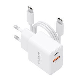 Aisens Cargador GaN 20W con Cable USB-C 1m, Blanco