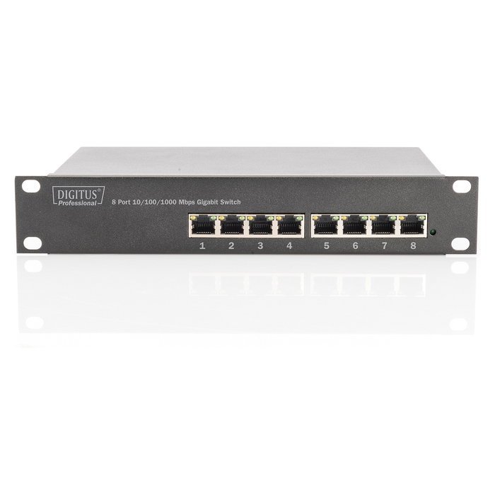 Digitus DN-80110 Switch Gigabit Ethernet 8 Puertos No Gestionado, Montaje Rack 1U, 10/100/1000 Mbps, 16 Gbit/s, Conector AC, Color Gris, Metal
