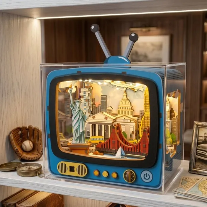 Kit de Bricolaje Book Nook 3D para Construir - Tema TV New York - Modelo Decorativo para Libros 12.5 x 8 x 13 cm