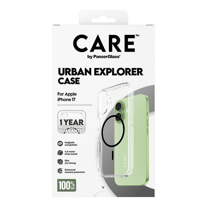 PanzerGlass CARE by FLAGSHIP Case Transparente con MagSafe Negro, Funda TPU Protectora Antigolpes Antirrayones para Apple iPhone 17 (100% Policarbonato Reciclado)