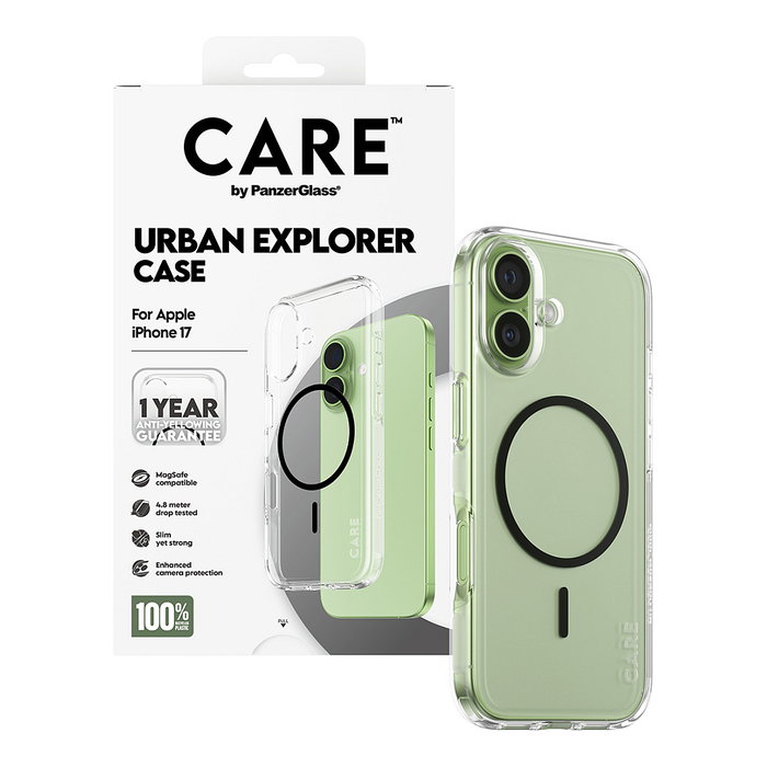 PanzerGlass CARE by FLAGSHIP Case Transparente con MagSafe Negro, Funda TPU Protectora Antigolpes Antirrayones para Apple iPhone 17 (100% Policarbonato Reciclado)