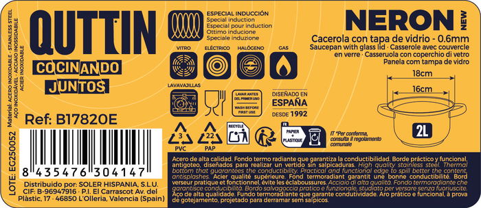 Inde Cacerola 16 cm (2L) Acero Inoxidable con Tapa Ø26x18x10 cm (6 Unidades)