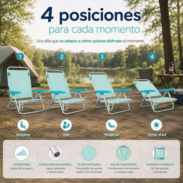 JugaToys Silla de playa aluminio multiposición aguamarina