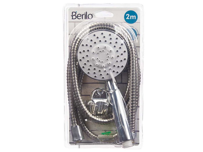 Berilo Teléfono de Ducha con Base Blanca, Manguera de 2 m, 24x4.5x14 cm, 3 Niveles de Agua, Acero (Set de 12)