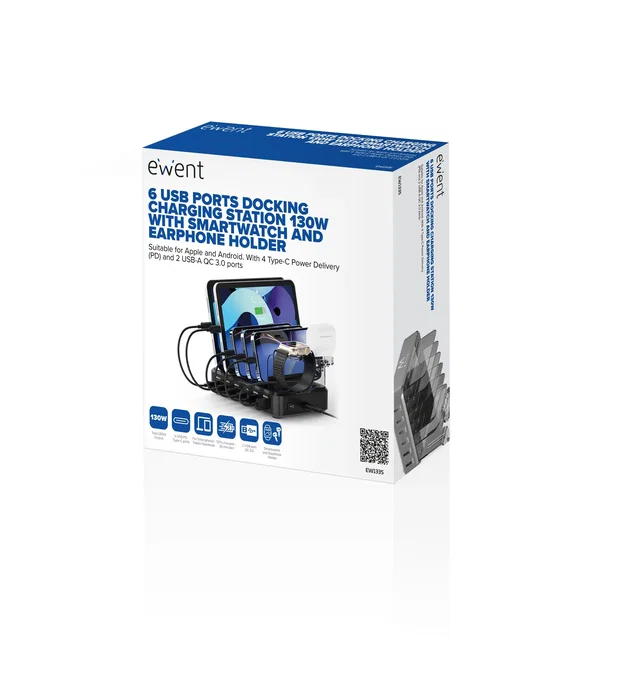 Ewent EW1335 Estación de Carga 6 en 1 de 130 W con 4 USB-C y 2 USB-A