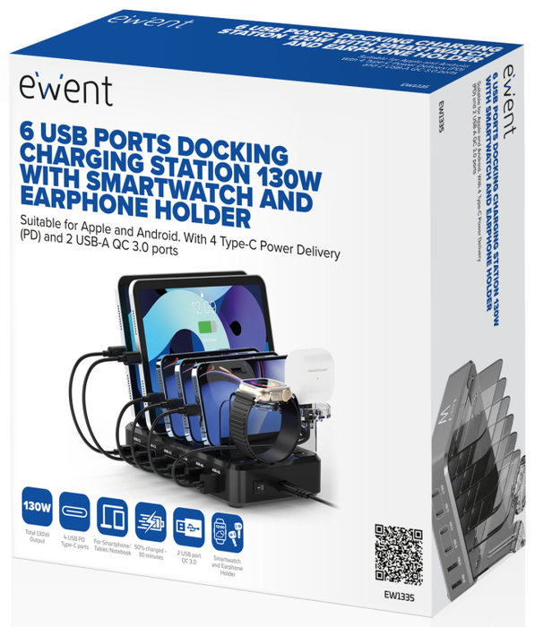 Ewent EW1335 Estación de Carga 6 en 1 de 130 W con 4 USB-C y 2 USB-A Ewent EW1335 Estación de Carga 6 en 1 de 130 W con 4 USB-C y 2 USB-A