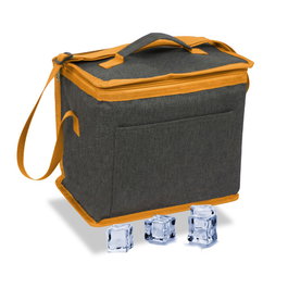 Coolerbag Nevera isotérmica tipo bolsa 10 litros, diseño tejana color gris con ribete y correa ajustable naranja, medidas 28x16x22 cm