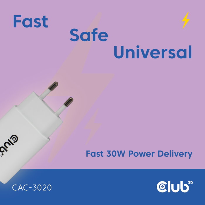 Club 3D Lifestyle Cargador USB-C 30W, 2 unidades, blanco