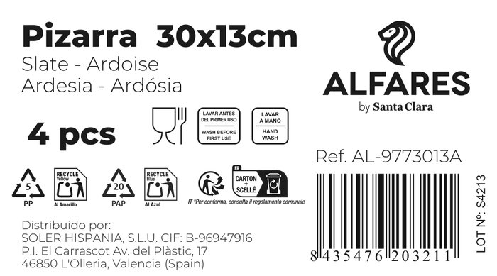 Santa Clara Bandeja Pizarra 30 x 13 cm Alfares (20 Unidades)
