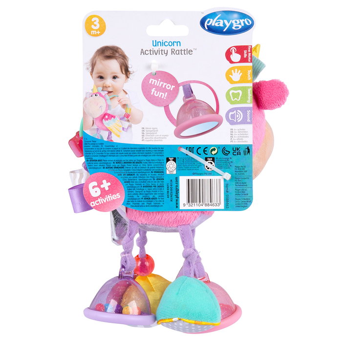 Playgro Sonajero Interactivo Unicornio 0188463 con Espejo, Mango Texturizado y Clip - Multilenguaje (Español, Inglés, Francés, Alemán, Italiano, Portugués)