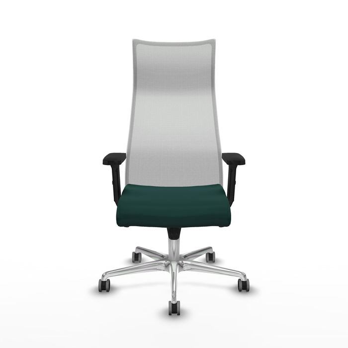 Sillón Albacete con mecanismo Sincro tapizada con Similpiel color Verde botella y malla color Blanco. Equipado con Base aluminio, Brazos 2D y Ruedas 65 mm parqué