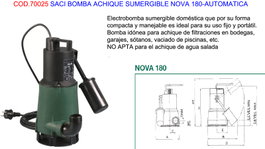 SACI Bomba de Agua Sumergible NOVA 180-AUTOMATICA 0.28 HP 5 m³/h