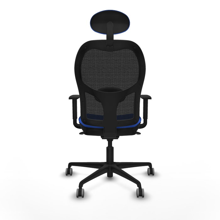 Silla de oficina Jorquera con mecanismo Sincro tapizada con Tela color Azul y malla color Negro. Equipada con lumbar 1D, Brazos 1D, Cabecero Fijo y Ruedas 65 mm parqué