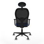 Silla de oficina Jorquera con mecanismo Sincro tapizada con Tela color Azul y malla color Negro. Equipada con lumbar 1D, Brazos 1D, Cabecero Fijo y Ruedas 65 mm parqué