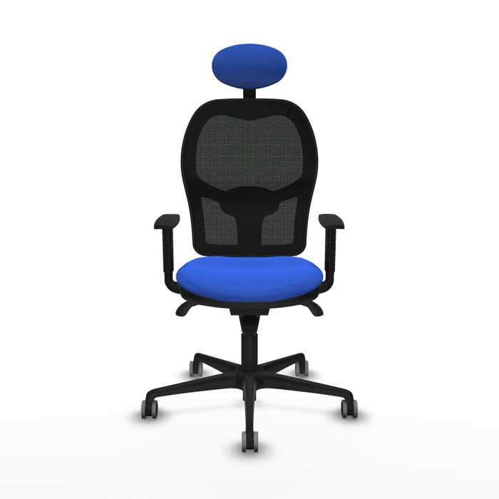 Silla de oficina Jorquera con mecanismo Sincro tapizada con Tela color Azul y malla color Negro. Equipada con lumbar 1D, Brazos 1D, Cabecero Fijo y Ruedas 65 mm parqué