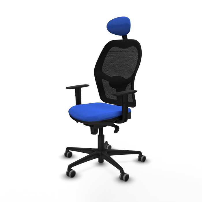 Silla de oficina Jorquera con mecanismo Sincro tapizada con Tela color Azul y malla color Negro. Equipada con lumbar 1D, Brazos 1D, Cabecero Fijo y Ruedas 65 mm parqué