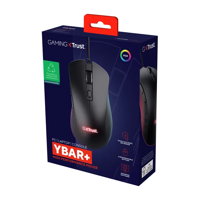 Trust Gaming GXT 924 YBAR+ Ratón Gaming Óptico USB para Mano Derecha 25600 DPI RGB 6 Botones Programables con Cable 1.8m para Juegos