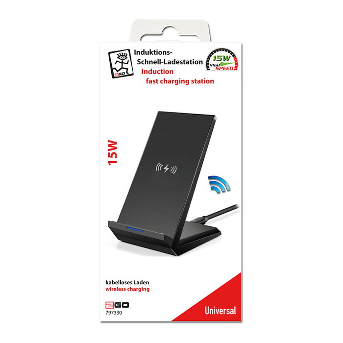 2GO 797330 Cargador Inalámbrico Fast Charging 15W Negro - Carga Rápida, USB, 5-9V, para Smartphone