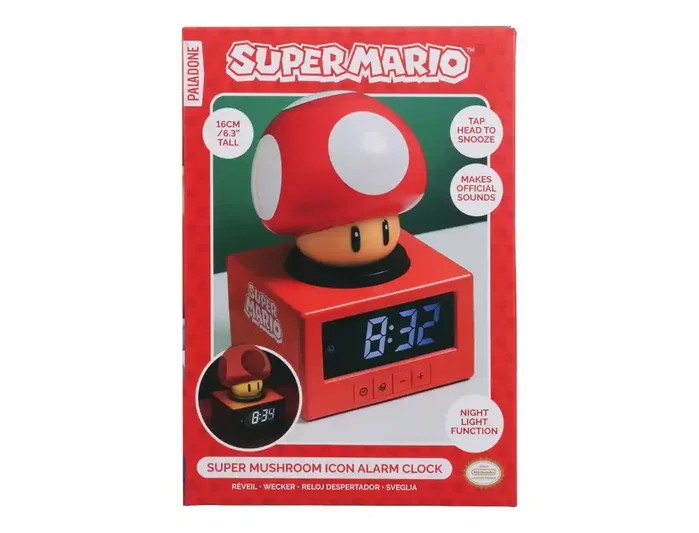 Nintendo Super Mario Despertador Digital con Pantalla LED, Función Snooze y Sonidos Oficiales, Reloj Alarma Icono Super Mushroom para Fans y Coleccionistas