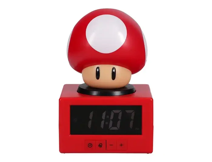 Nintendo Super Mario Despertador Digital con Pantalla LED, Función Snooze y Sonidos Oficiales, Reloj Alarma Icono Super Mushroom para Fans y Coleccionistas