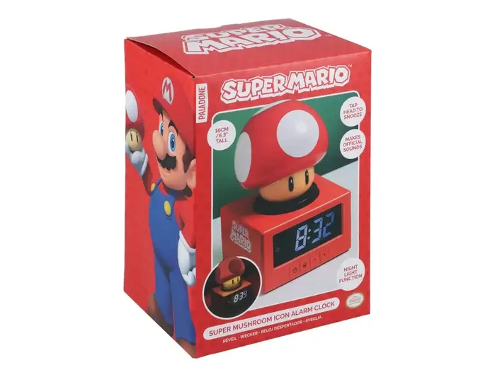 Nintendo Super Mario Despertador Digital con Pantalla LED, Función Snooze y Sonidos Oficiales, Reloj Alarma Icono Super Mushroom para Fans y Coleccionistas