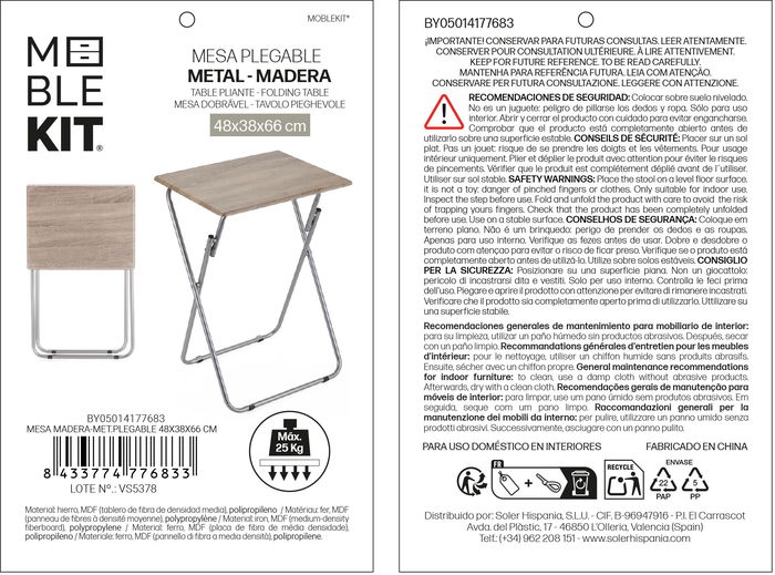 Inde Mesa Plegable Madera-Metal 48x38x66 cm 12mm Mdf 5.28 kg (2 Unidades)