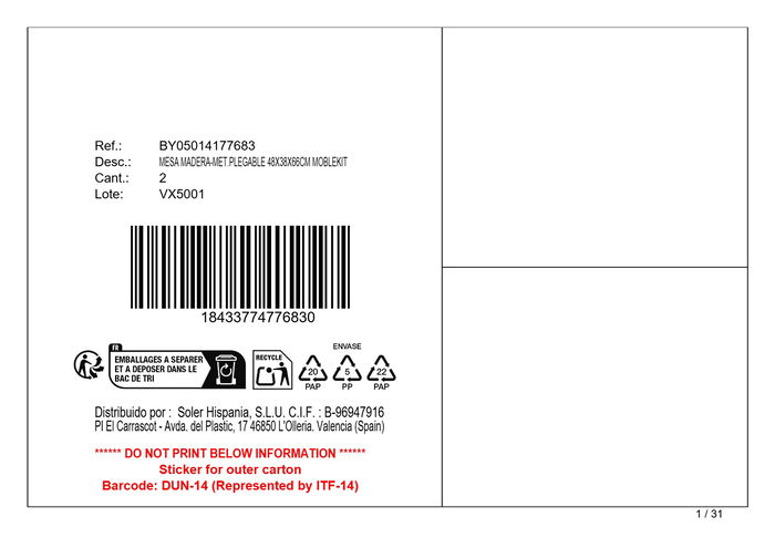 Inde Mesa Plegable Madera-Metal 48x38x66 cm 12mm Mdf 5.28 kg (2 Unidades)