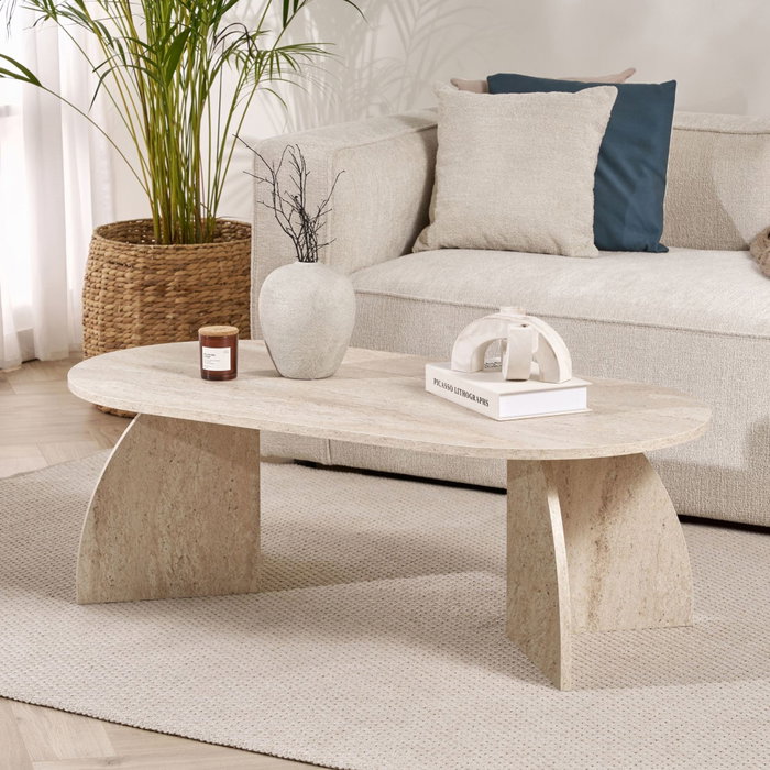 Hanah Home Melina - Travertine Mesa de Café, Travertino, Tablero de Melamina 18mm, 120x60x40 cm, Capacidad de Carga 25 kg