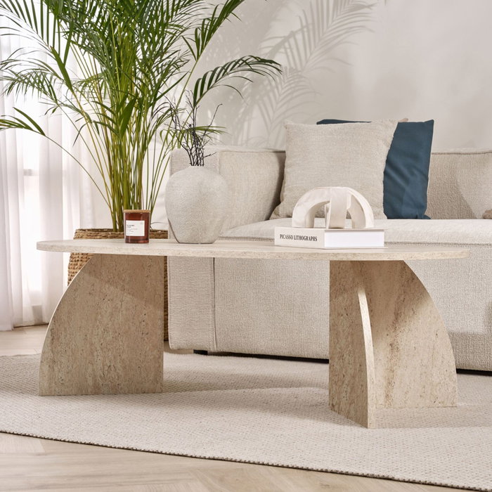 Hanah Home Melina - Travertine Mesa de Café, Travertino, Tablero de Melamina 18mm, 120x60x40 cm, Capacidad de Carga 25 kg