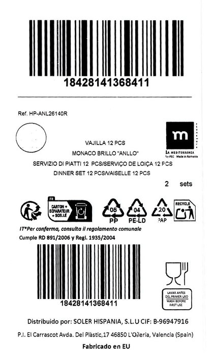 Inde Vajilla "Anllo" Monaco Brillo, 12 Piezas, Dimensiones: 28.7 x 21.7 x 26.7 cm (2 Unidades)
