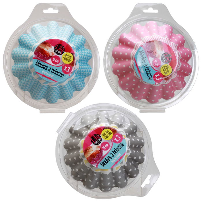 Lily Cook Juego de 3 Moldes Papel para Brioche Diámetro 19 cm, Aptos Horno, Colores y Dibujos Surtidos
