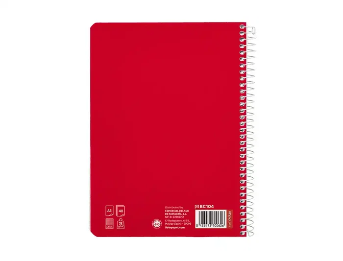 Liderpapel Cuaderno espiral Pautaguía A5 tapa blanda 40 hojas 75gr cuadro pautado 2,5mm color rojo