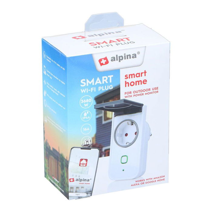 Alpina Enchufe Inteligente de Exterior 230V IP44 Schuko Tipo F, Monitor de Potencia, Wi-Fi, Control desde App