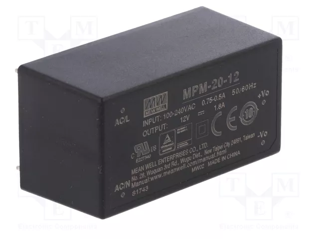 MEAN WELL MPM-20-12 Convertidor AC/DC 20W 12V 1,8A