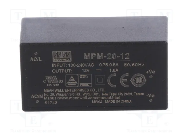 MEAN WELL MPM-20-12 Convertidor AC/DC 20W 12V 1,8A