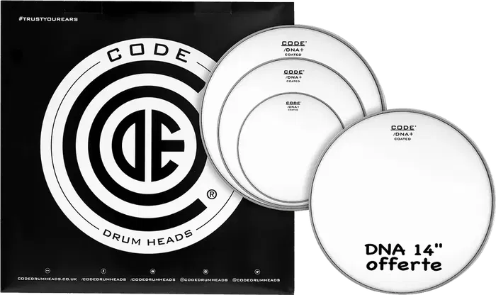 CODE Dna Fusion Blanco (10,12,14" + Dna 14 ") Parches Bateria Set Acabado Rugoso Sonido Vintage