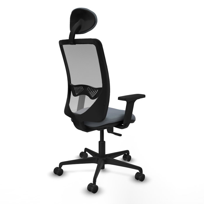 Silla de oficina Zulema con mecanismo Sincro tapizada con Tela color Gris. Equipada con lumbar 1D, Brazos 2D, Cabecero Fijo y Ruedas 65mm nailon