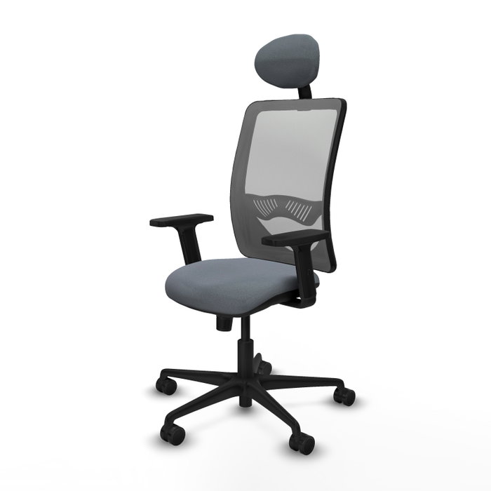 Silla de oficina Zulema con mecanismo Sincro tapizada con Tela color Gris. Equipada con lumbar 1D, Brazos 2D, Cabecero Fijo y Ruedas 65mm nailon
