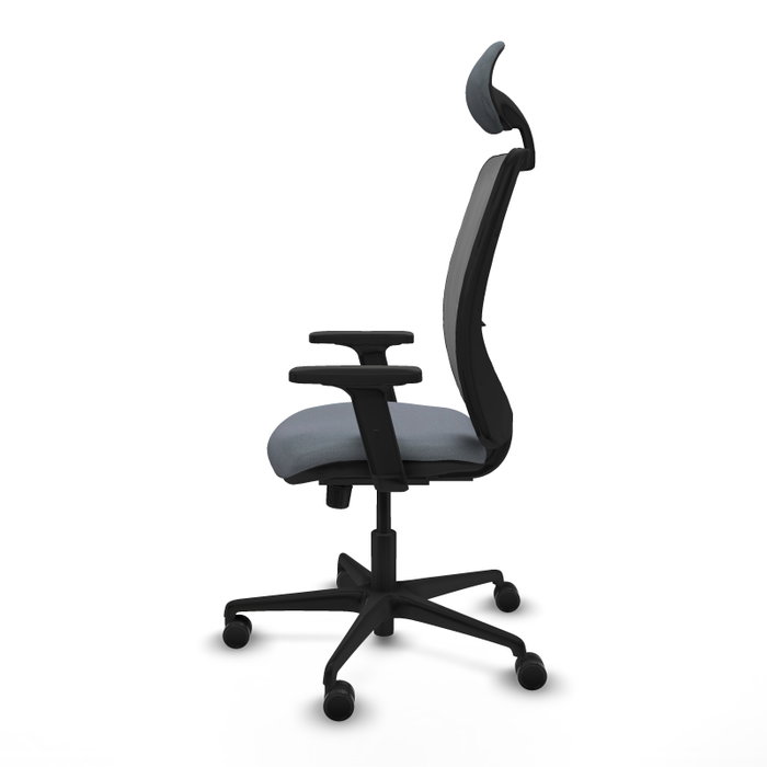 Silla de oficina Zulema con mecanismo Sincro tapizada con Tela color Gris. Equipada con lumbar 1D, Brazos 2D, Cabecero Fijo y Ruedas 65mm nailon