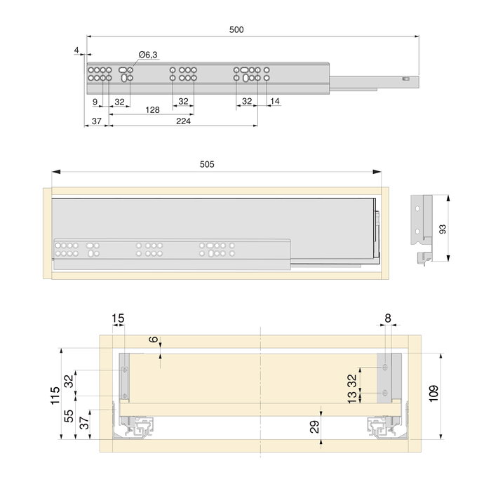 Emuca Kit de cajón para cocina o baño Vertex de altura 93mm con regulación 3D, tableros incluidos, módulo 900mm, Gris antracita