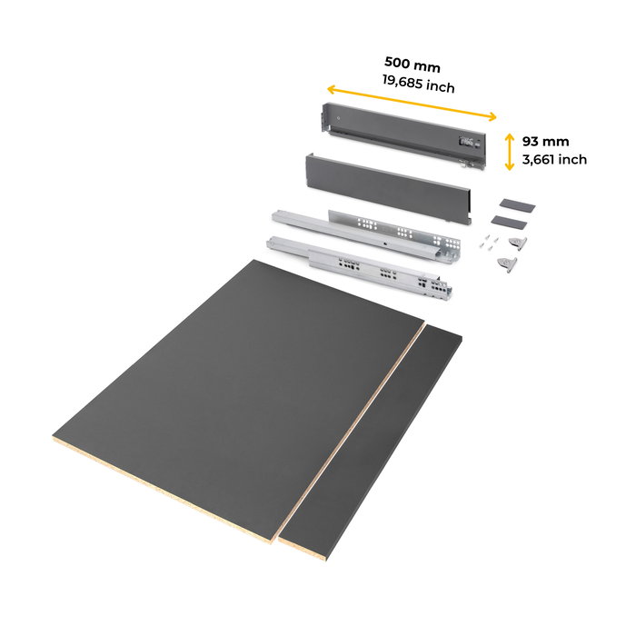 Emuca Kit de cajón para cocina o baño Vertex de altura 93mm con regulación 3D, tableros incluidos, módulo 900mm, Gris antracita