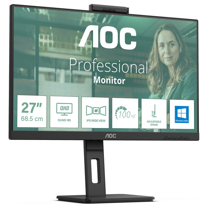 AOC Monitor Q27P3CW 27" Quad HD 2560x1440 IPS 100Hz USB-C Hub 90W Webcam 5MP Altavoces Oficina Negro