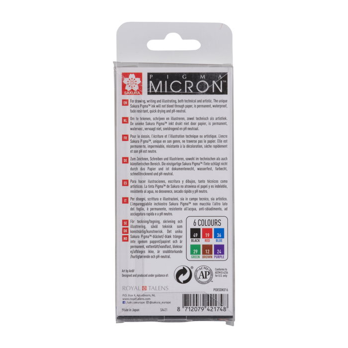 Sakura Pigma Micron 01 estuche de 6 colores básicos