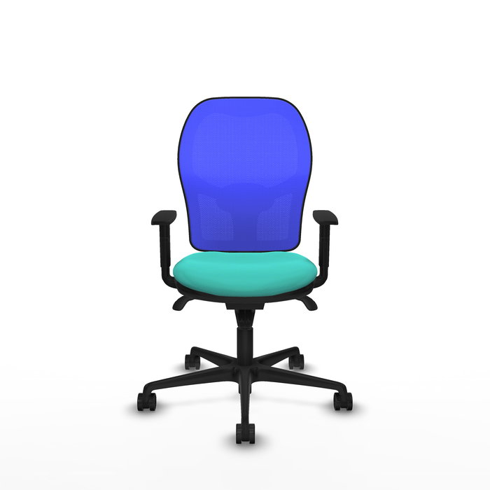 Silla de oficina Jorquera con mecanismo Sincro tapizada con Similpiel color Turquesa y malla color Azul. Equipada con lumbar 1D, Brazos 1D y Ruedas 65mm nailon