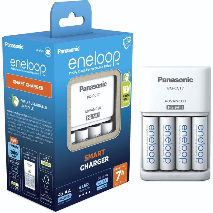Panasonic Eneloop BQ-CC17 Cargador Inteligente con 4 Baterías AA 2000 mAh