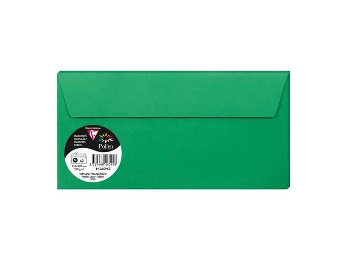 Clairefontaine Pollen Sobres Verde Pino 110x220 mm Pack de 5 unidades Clairefontaine Pollen Sobres Verde Pino 110x220 mm Pack de 5 unidades